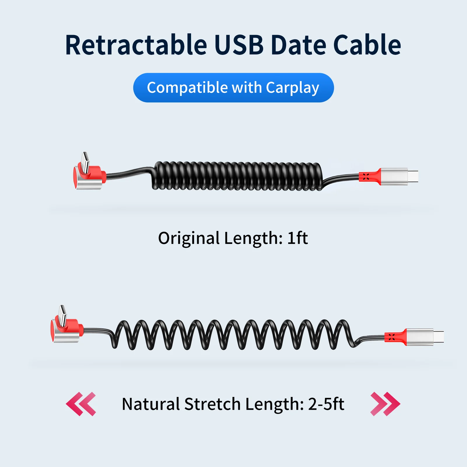 Elbow USB-C Retractable Spring Data Cable: Supports Fast Charging, Compatible with iPhone 15/16 Pro Max, CarPlay & CarLife+