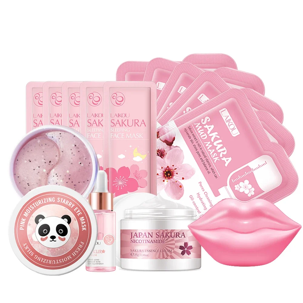 

Sakura Facial Cleansing Skincare Set Whitening Moisturizer Beauty Health Eye Mask Lip Mask Korean Facial Products Kit Face Care