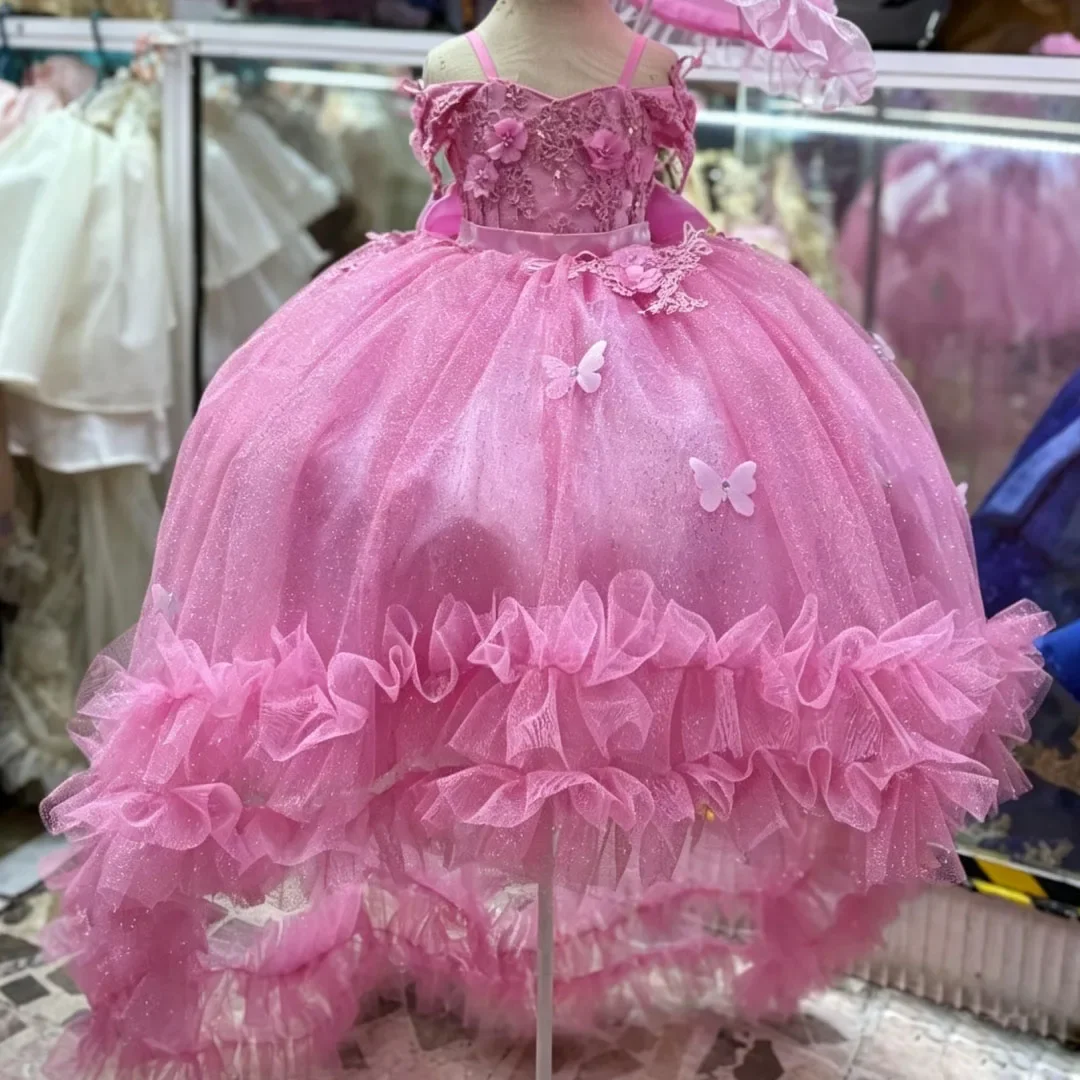 Customized Pink Flower Girl Dress   Floral Appliques Wedding With Bow Trailing ForBirthday Party Pageant Banquet Princess Gown