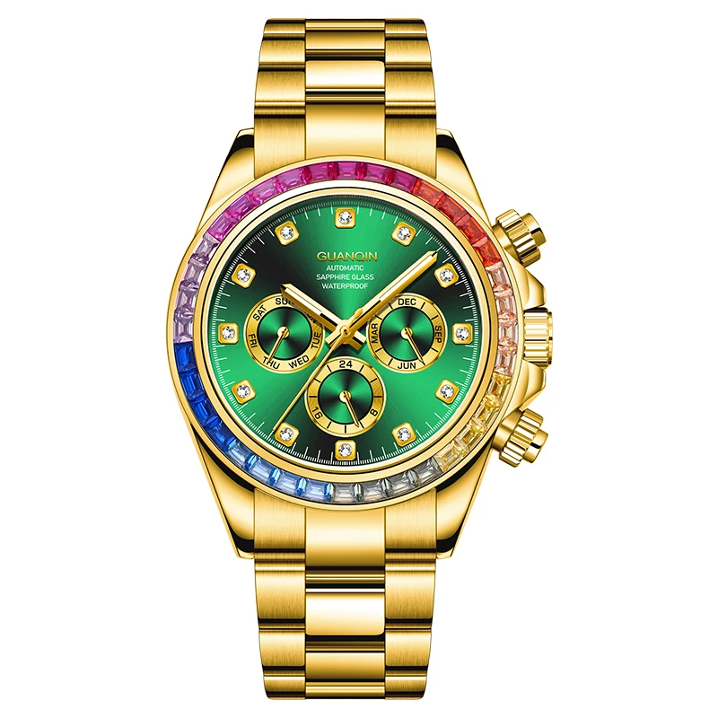 GUANQIN Week-Month Function Luxury Man watch 100M Waterproof Mechanical Rainbow Circle Watch Sapphire With Drill All Steel watch