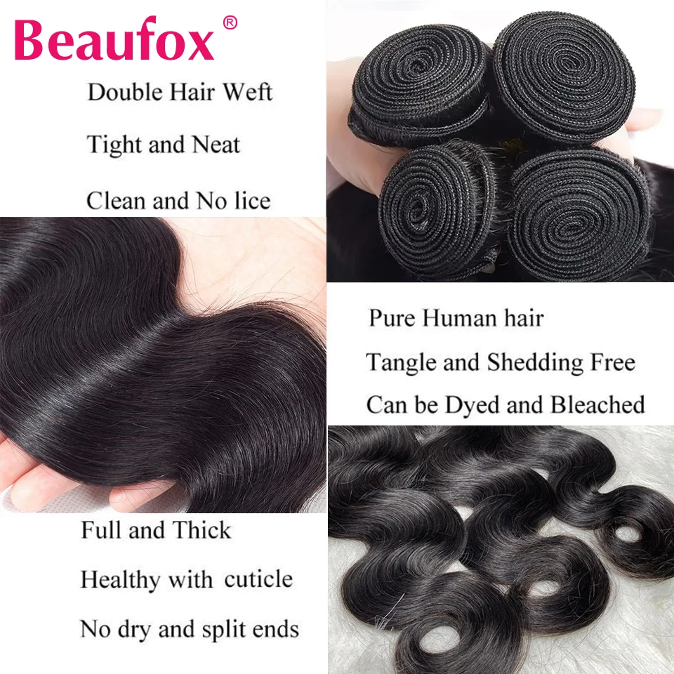 Beaufox Body Wave Bundles With Closure Peruvian Human Hair 3/4 Bundles With Closure Wavy Hair Weave Bundles With Lace Closure