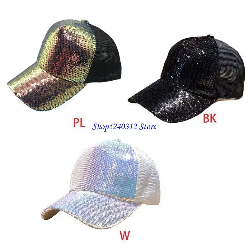 634C Unisex Glitter Multicolored Sequins Baseball Cap Breathable Mesh Back Summer Club Party Adjustable for Snapback Trucker
