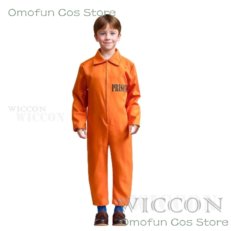 Boy Prisoner Costume Kids Orange Convict Jumpsuit with Handcuffs Jailbird Cosplay Prison Uniform for Halloween Cosplay Party Set