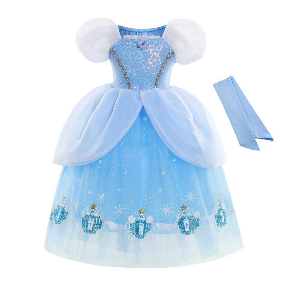 Disney Cinderella Princess Dress para meninas, fantasia de cosplay, roupas azuis, lantejoulas, festa de aniversário, vestido de baile de 2 a 10 anos