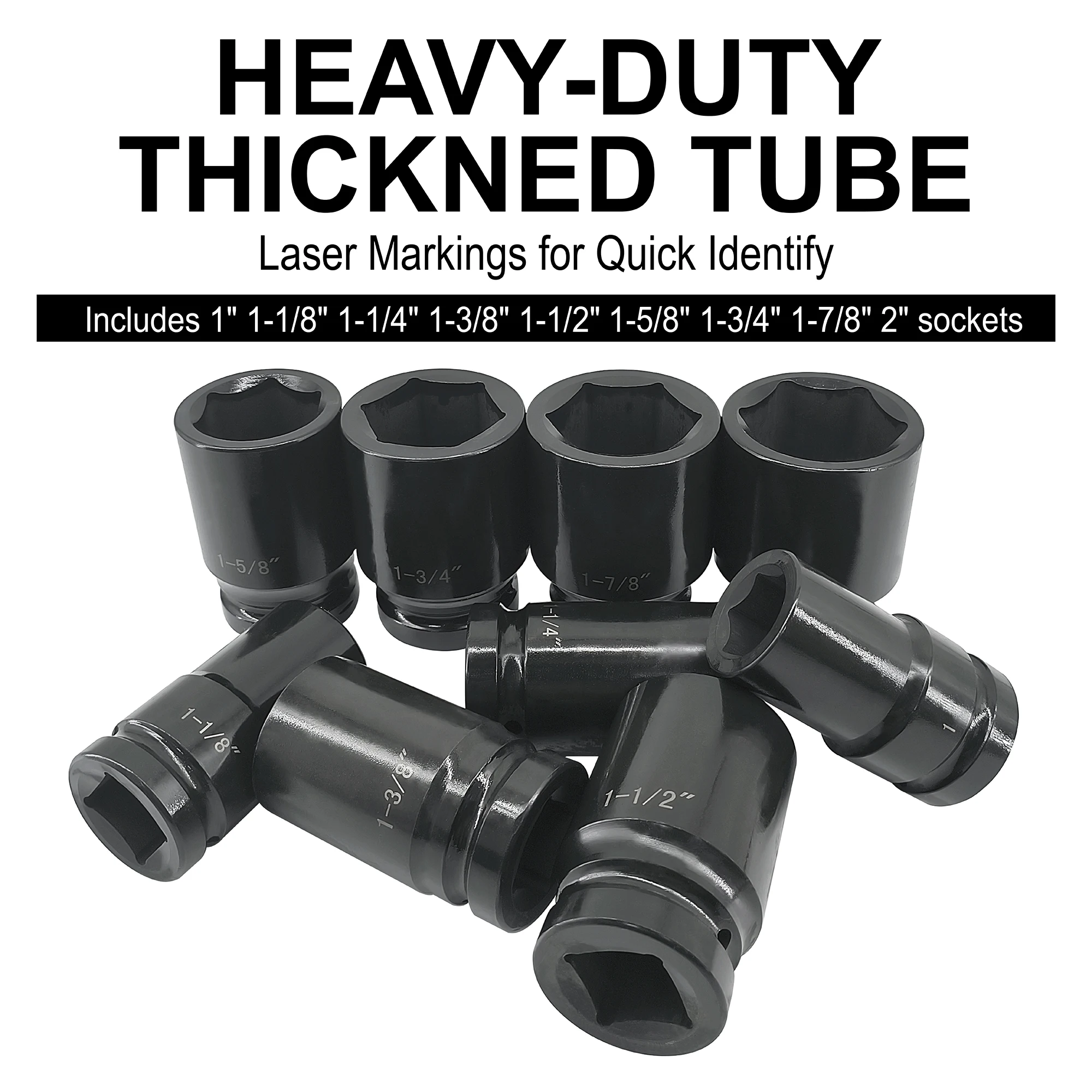 1 Inch Drive Deep Impact Socket Set, 9 Pieces Jumbo Impact Socket Sets, SAE 1" to 2", Chrome Steel, 6-Point Design, Metal Case