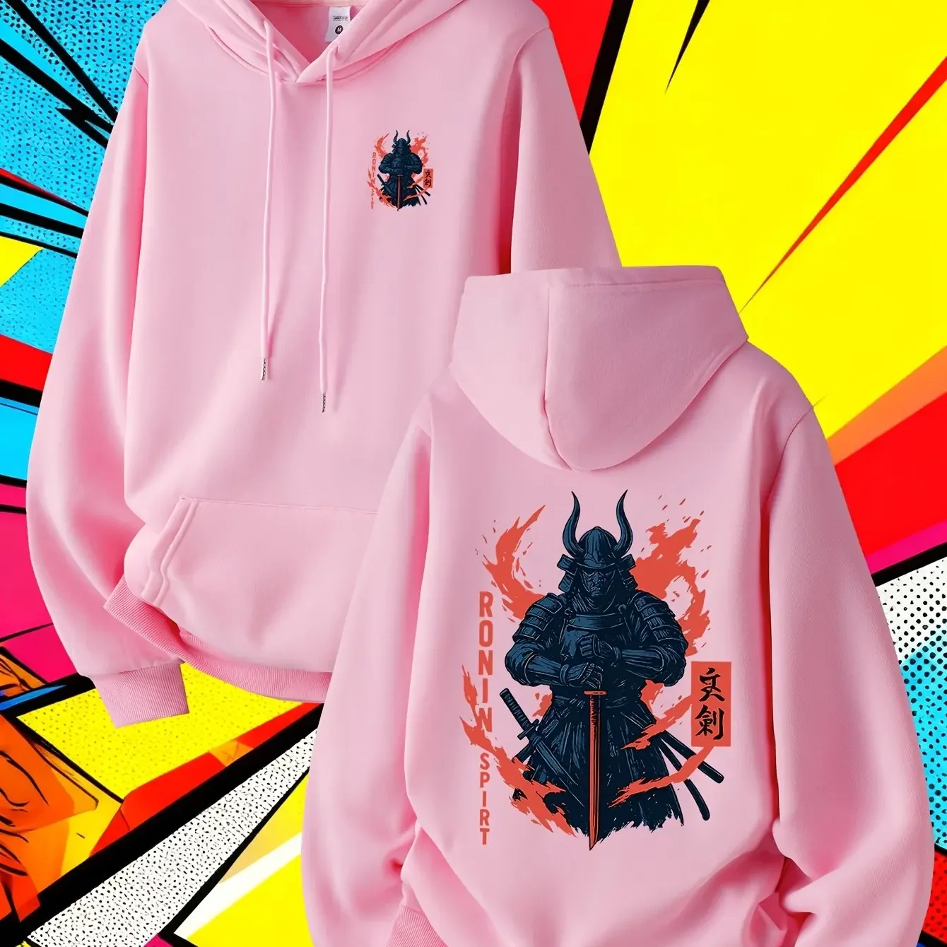 Autumn/Winter Men's Hooded Sweatshirt Retro Japanese Ronin Samurai Style SplatterPrint Ronin Spirit Print Soft Fleece Sweatshirt