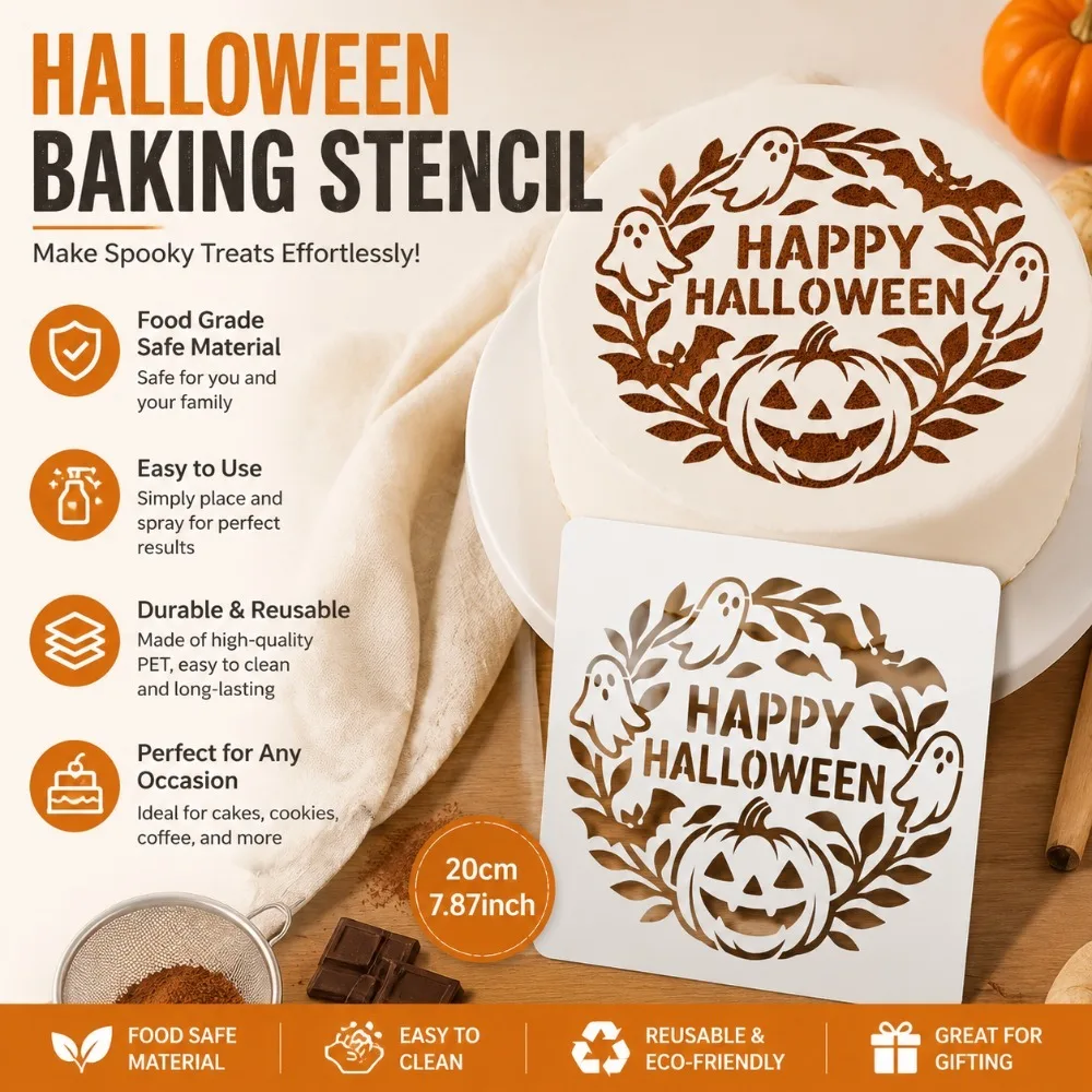 Halloween Hollow Cake Decor Stencils Reusable PET Pumpkin Ghost Bat Pattern for Cookies Fondant Holiday Dessert Decoration