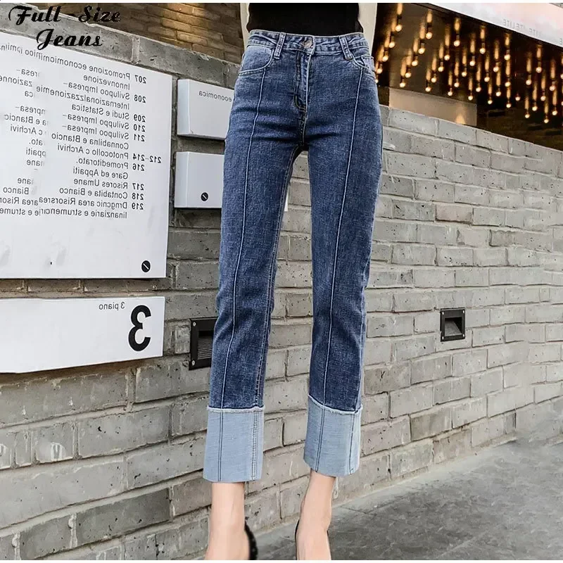 High Waist Straight Leg Stretchy Cuffed Capris Jeans Mom Women's Striped Ripped Distressed Ankle Length Skinny Cut Denim Pants