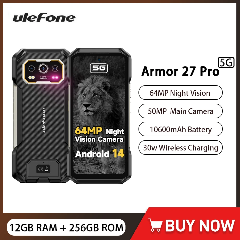 Ulefone Armor 27 Pro 5G Rugged Smartphone Android 14 10600mAh Mobile Phone 50MP Camera 64MP Night Up to 24GB+256GB Cellphone NFC