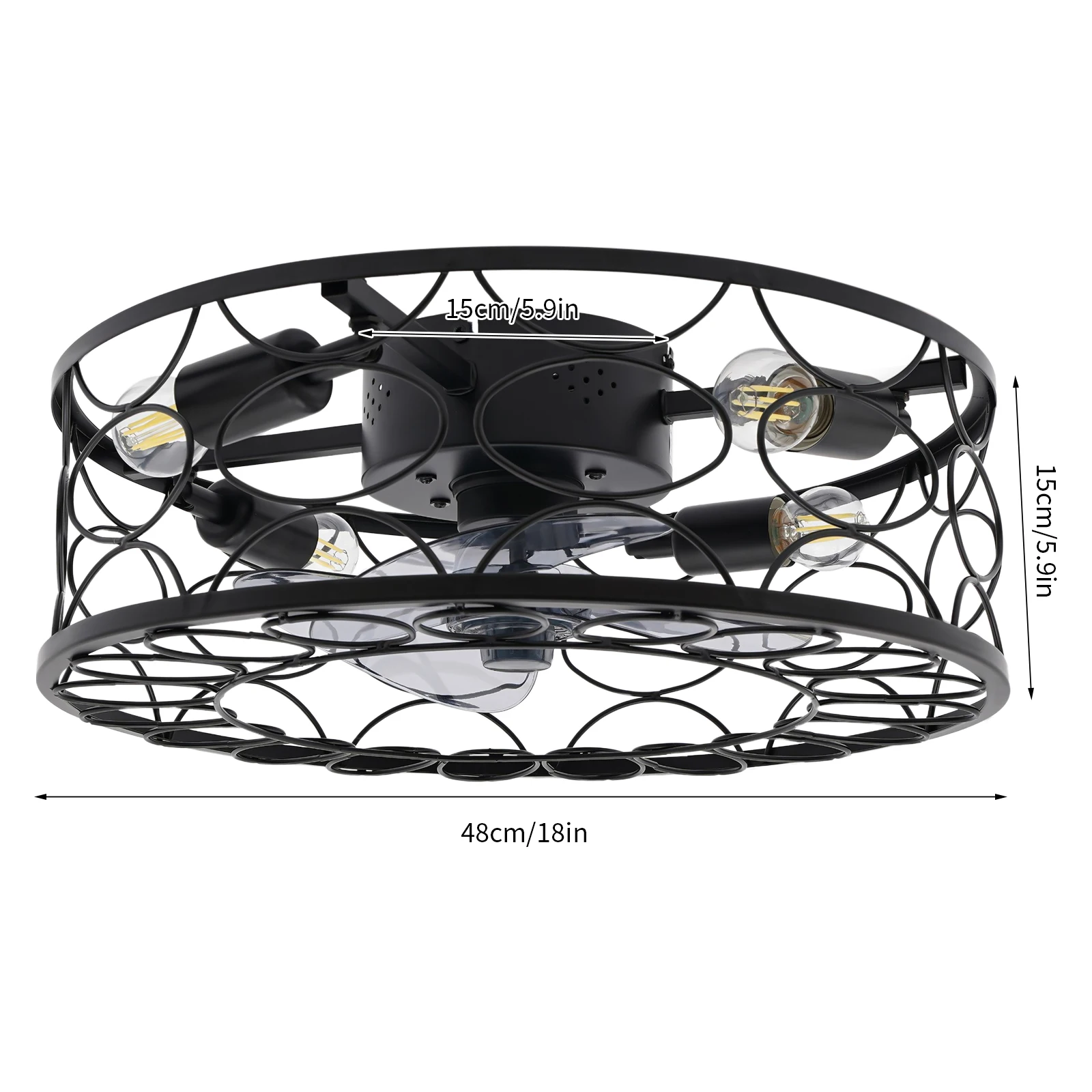 선풍기 LED 케이지 샹들리에 램프 및 리모컨 천장 선풍기, 레트로 메탈 선풍기 라이트, 기어 윈드 블랙, 18 인치