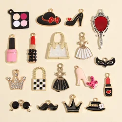 10pcs Gold Color Mix Cute Enamel Lipstick Nail Polish Charms Tittivate Pendant For DIY Handmade Jewelry Making Accessories