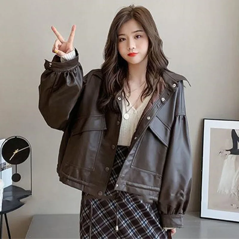 2025 abrigo de cuero de manga larga para mujer, abrigo coreano de cuero PU para mujer, chaqueta de piel sintética con solapa a la moda para primavera y otoño