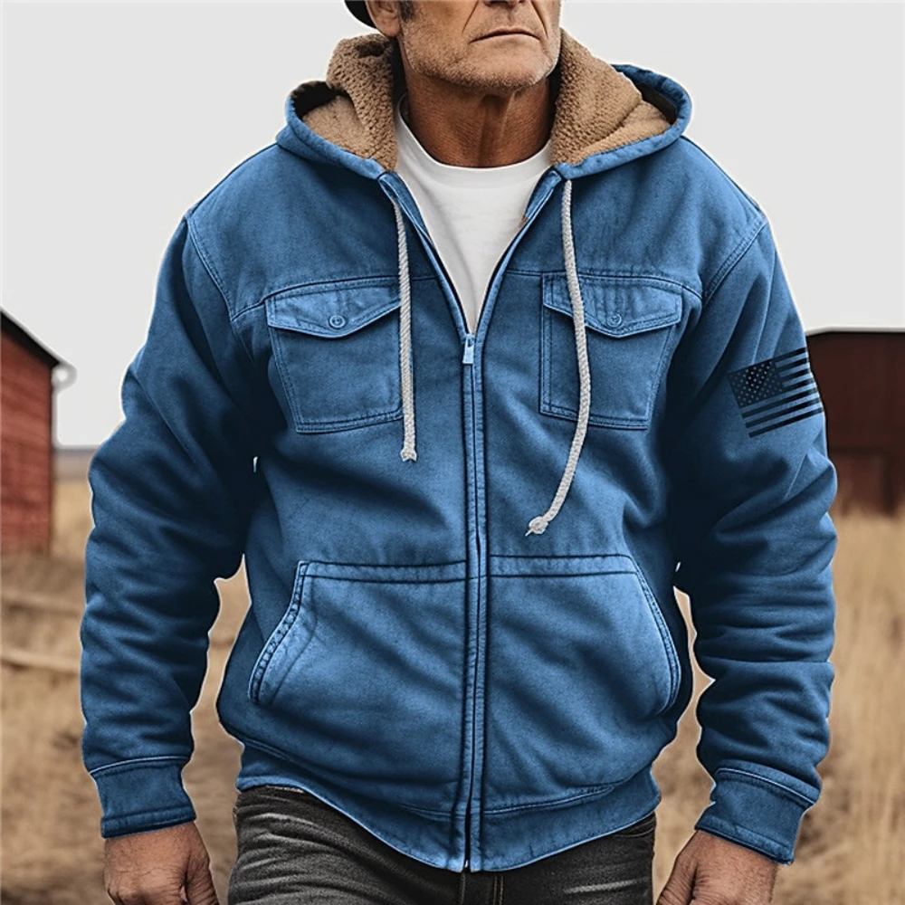 Herren Fleece Reiß verschluss Hoodies Parkas Vintage Langarm Mantel Jacke Grafik drucke National flagge Winter für Männer/Frauen Oberbekleidung