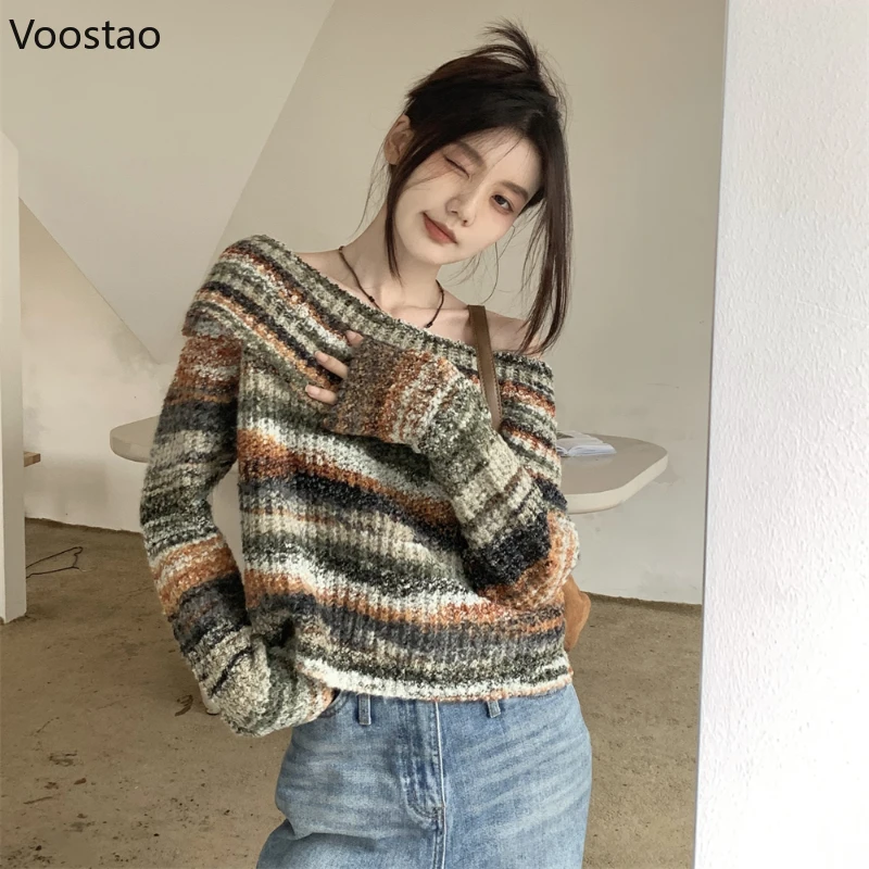 Y2k Aesthetic Off Shoulder Knitted Pullover Women Vintage Chic Striped Slash Neck Slim Sweater Sexy Elegant Lady Jumpers Tops