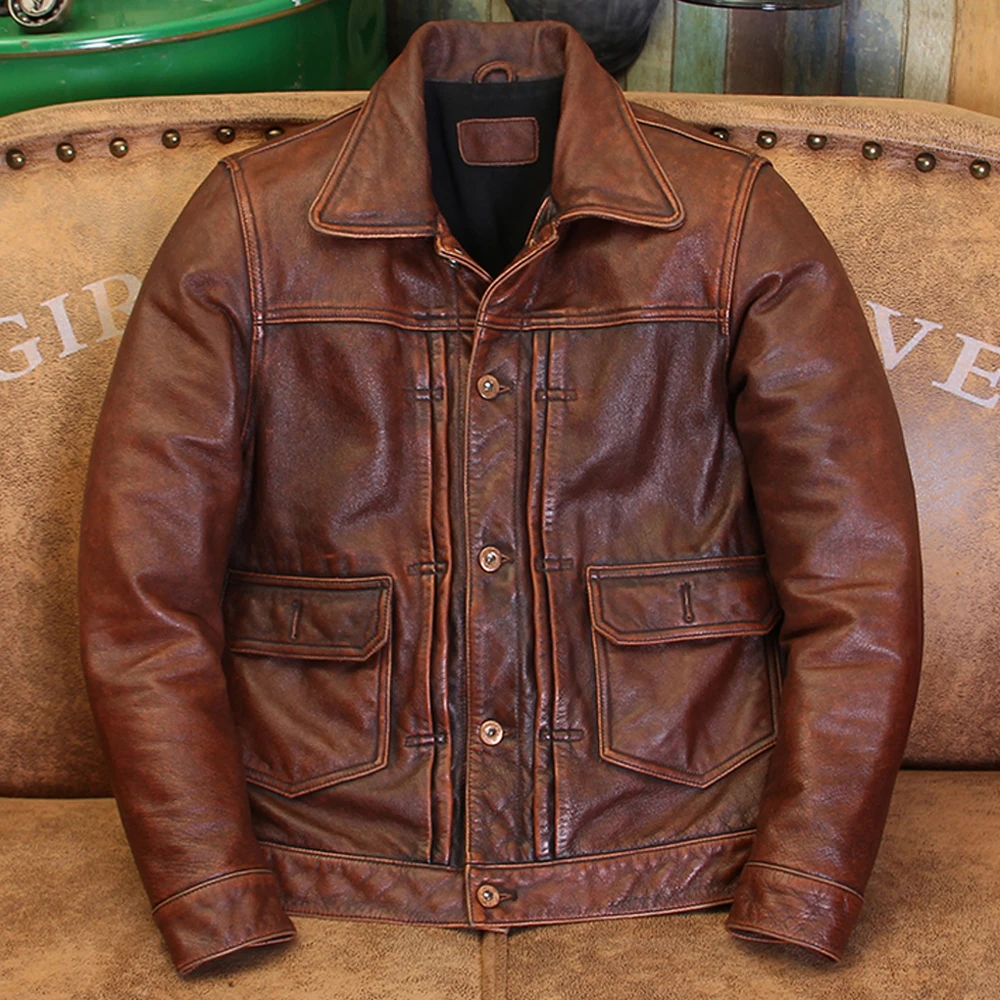 Genuine Leather Cowhide Jacket and Coat For Man Cowboy Designer Motorcycle Biker Men's Coat Jacket Tough Guys Overcoat 5XL