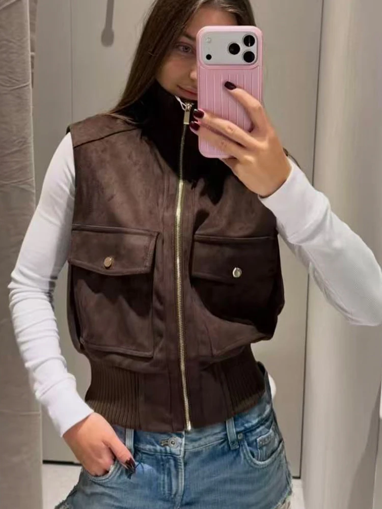 TFMLN Women's Solid Vest Vintage Faux Suede Short Vest Jacket Fashion Lady Stand Collar Sleeveless Pockets Casual Tank Tops