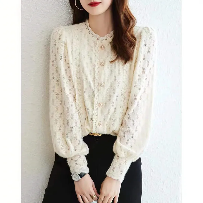 

Lace irt Women's round Ne Bubble Sve Flower Trim Tagl Autumn Long Sve Straight Cut OL Sle Pure Color irt