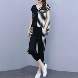 Fashionable Street Stripe T-shirt and Seven Point Sport Pants Fro Women's New Summer Loose Slimming Meat Covering Two Piece Set