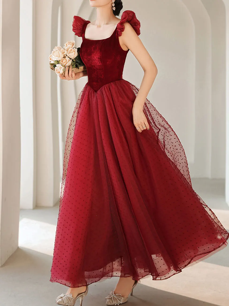 

Burgundy Evening Dresses Velvet Dot Tulle Scoop Neckline Ankle Length A Line Formal Prom Gowns Women Graduation Dresses