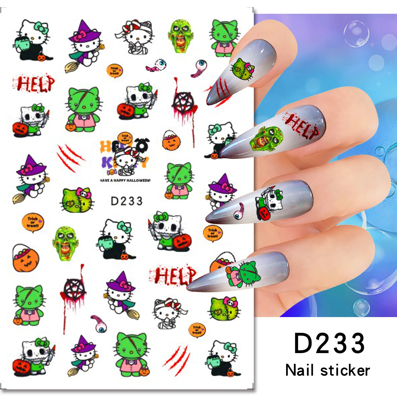 1PCS Halloween Cartoon Hello Kitty 3D Nail Stickers Nail Art Supplies Sanrio Anime Nail Art Decoration New Horror Series Sticker