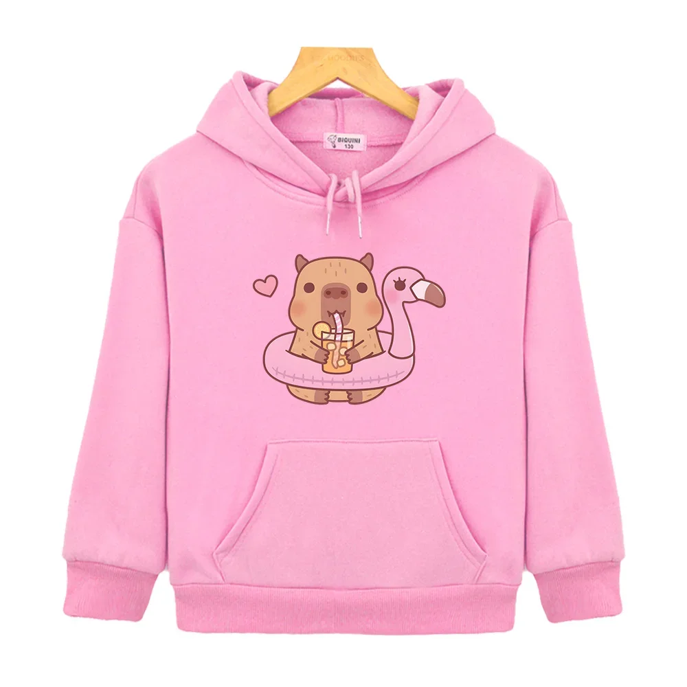 Capybara Loves Drinking Bubble Tea Hoodies Long Sleeve Cartoon Children Sweatshirts Casual Boys Girls Pullovers with Hooded Tops