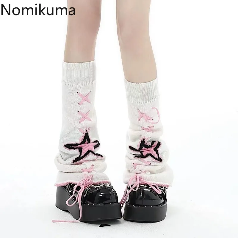 Women Sweet Y2k Aesthetic Star Leg Warmers Japanese Ankle Warmer Knee High Knitted Foot Cover Bandage Print Autumn Long Socks