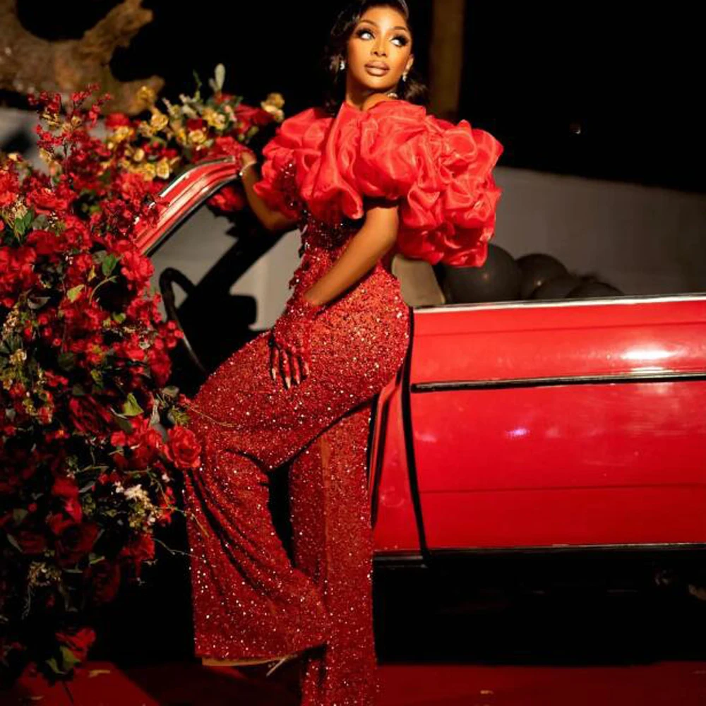 Red Sequined Jumpsuits Sweetheart Off Shoulder Beads Sexy Evening Party Dress Black Girls African Women Wedding Reception Gown