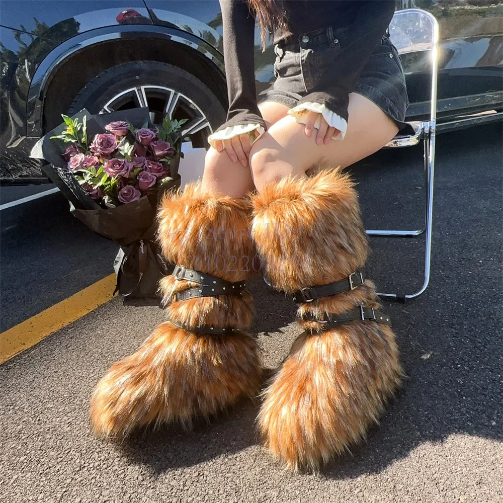 

Punk Rivet Faux Fur Snow Boots Hot Girl Belt Buckle Strap Platform Knee-high Boots Slip-on 2024 Women Fashion Warm Shoes Y2K