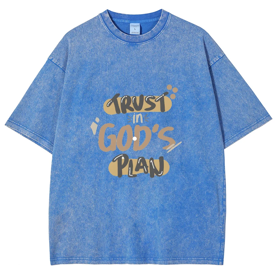 Trust God's Plan Monogram Print Women's Washed T-Shirt Summer New Oversized Short Sleeve Simple Casual Fashion Top Basic Tee