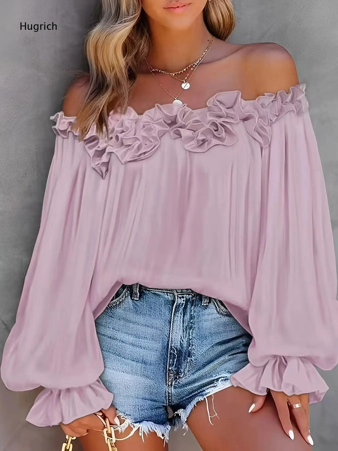 

Women's Elegant Off Shoulder Long Sleeve Blouse with Ruffle Trim, Loose Fit Chiffon Peplum Top for Summer Casual Daily Wear