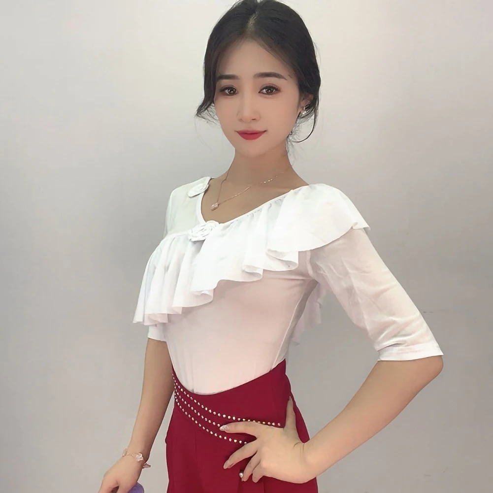 

Blue Irregular Latin Dance Top Ballroom Dance White Sleeve Body Top Black V-Neck Three-dimensional Flower Latin Dance