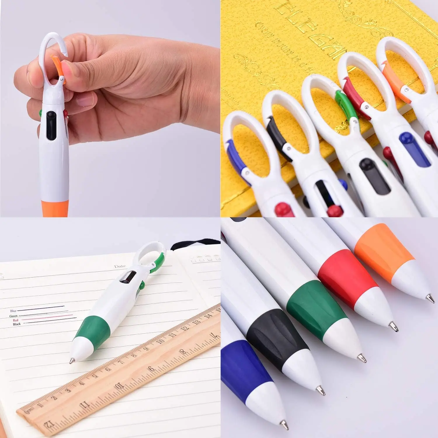 Penne navetta retrattili da 6 pezzi 4 colori al Neon in una penna a sfera con Clip con fibbia sul portachiavi con moschettone multicolore superiore