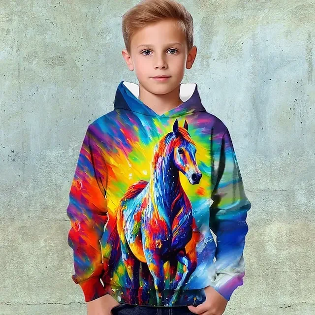 Boys 3D Graphic Animal Horse Hoodie Long Sleeve 3D Print Fall Winter Fashion Streetwear Cool Polyester Kids 4-14Years