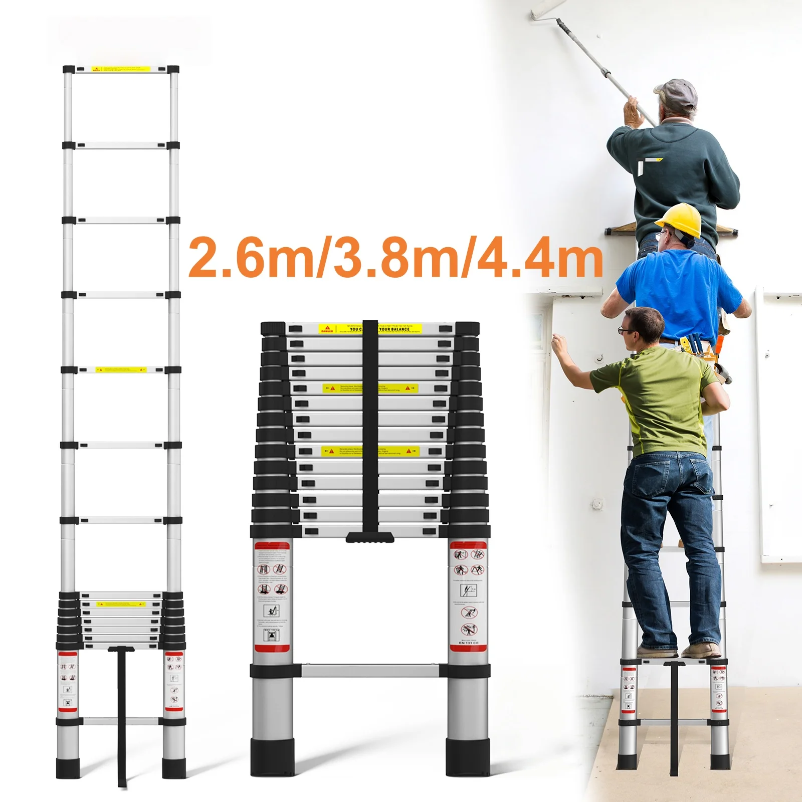 2.6m/3.8m/4.4m Aluminum Telescoping Ladder,Lightweight Extension Ladder with Locking Mechanism and Non-Slip Feet,330 lb Capacity