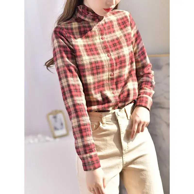 Vintage Printed Button Ruffles Loose Plaid Shirt Female Clothing 2022 Autumn Winter New Casual Tops All-match Korean Blouse