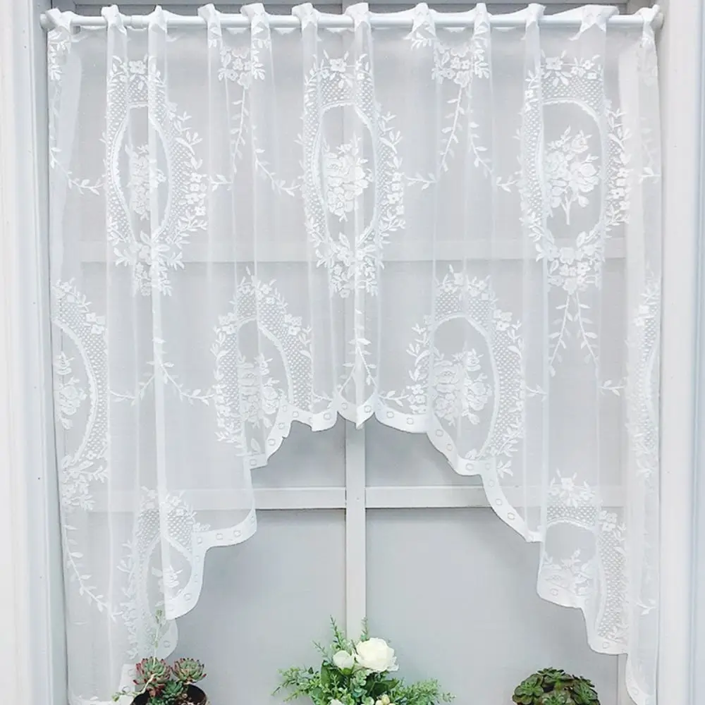

Thin Embroidered Lace Door Curtain Nordic Floral Pattern White Lace Drapes Hollow Knitted Arched Voile Half Curtain Bathroom