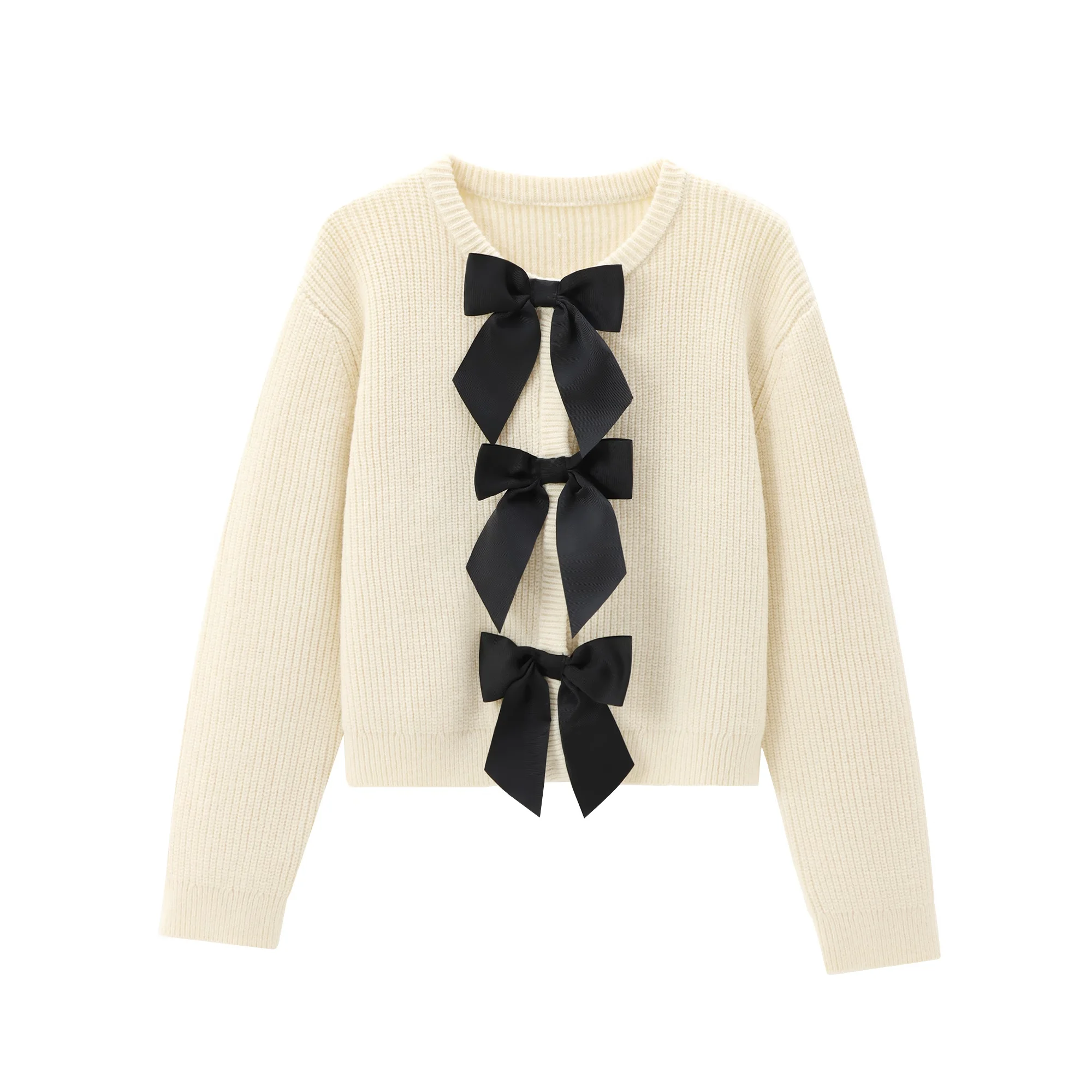 Women\'s beige knit cardigan round neck bow buckle sweet temperament long sleeve sweater coat new