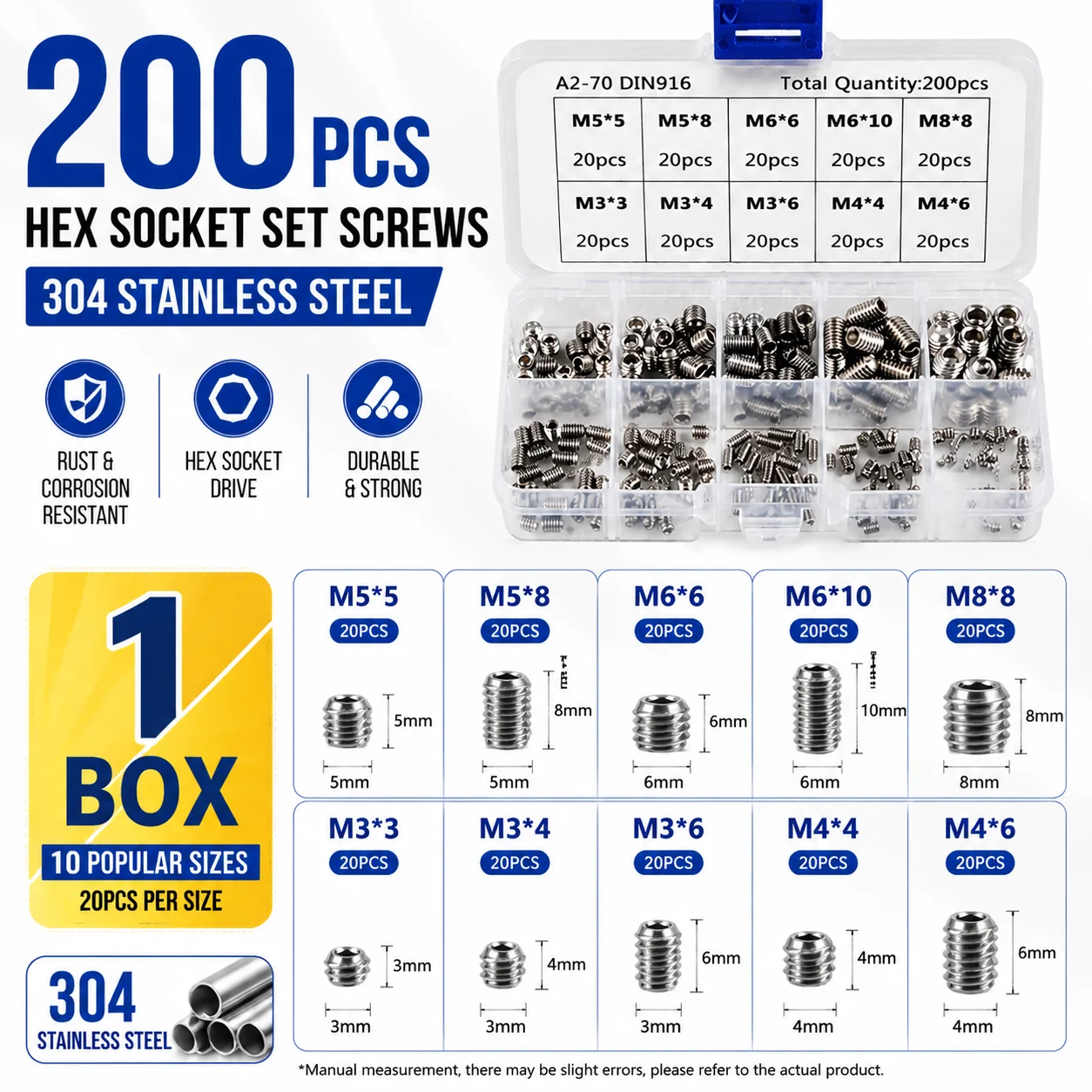 304 Stainless Steel Hex Socket Set Screw Kit 200PCS Flat Point Grub Screws M2 to M12 Box Set with Tray