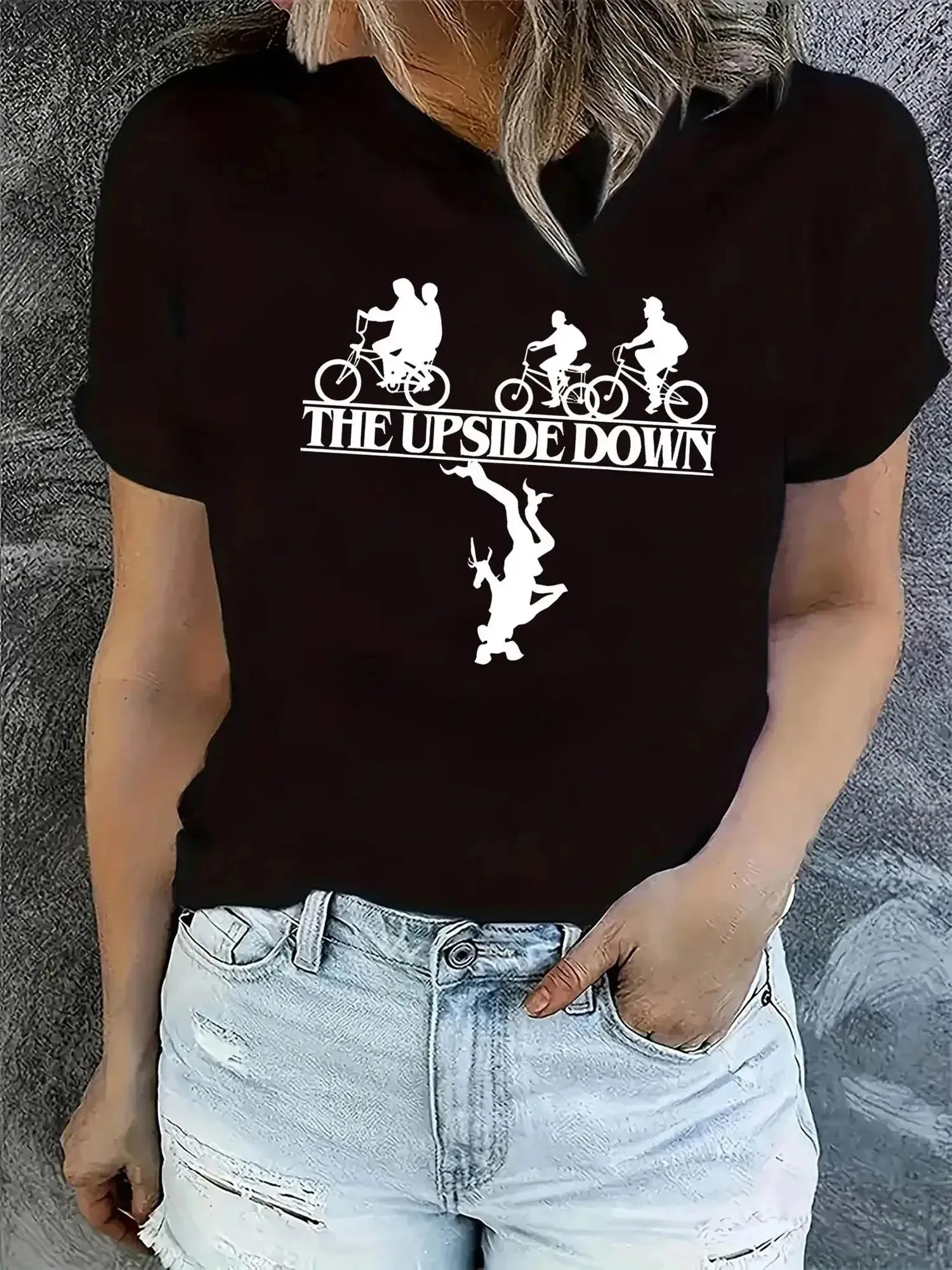 

Women's Casual Short Sleeve T-Shirt with Bicycle Rider Graphic"THE UPSIDE " Print Geometric Design Round Neck Tee