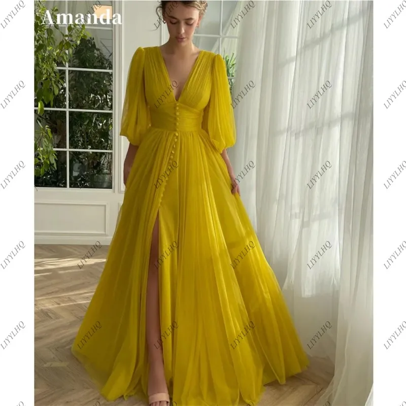 

LIYYLHQ A-line Sweet Puffy Sleeves Chiffon Formal Occasion Evening vestidos de fiesta Sexy V-neck Side Split Yellow Porm Dress