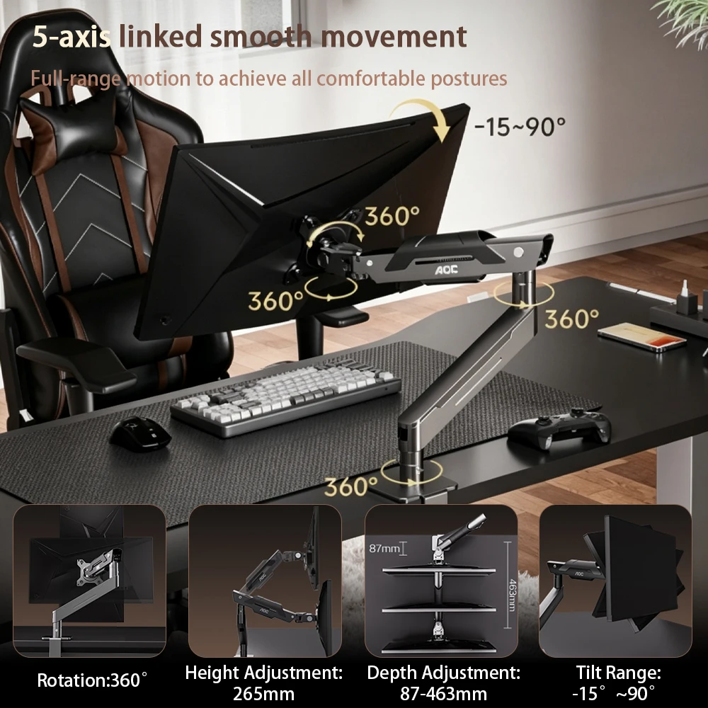 AOC AM300 Aluminum Single Monitor Arm 17-34 Inch Monitor Mount 2-9kg Load Clamp and Grommet Installation Ergonomic Desk Bracket