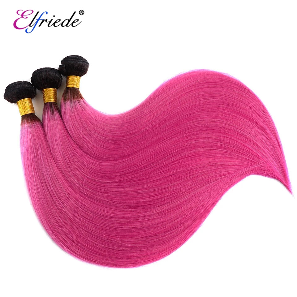 Elfriade-mechones de cabello precoloreados rectos 1B/rosa roja con Frontal 100%, cabello humano cosido en tramas, 3 mechones con encaje Frontal 13x4