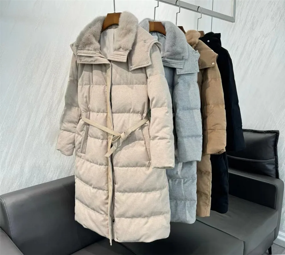 Women's Cashmere Wool Knitted Goose Down Jacket L*P Mink Collar Warm and Slimming Long Hooded Warm Overcoat