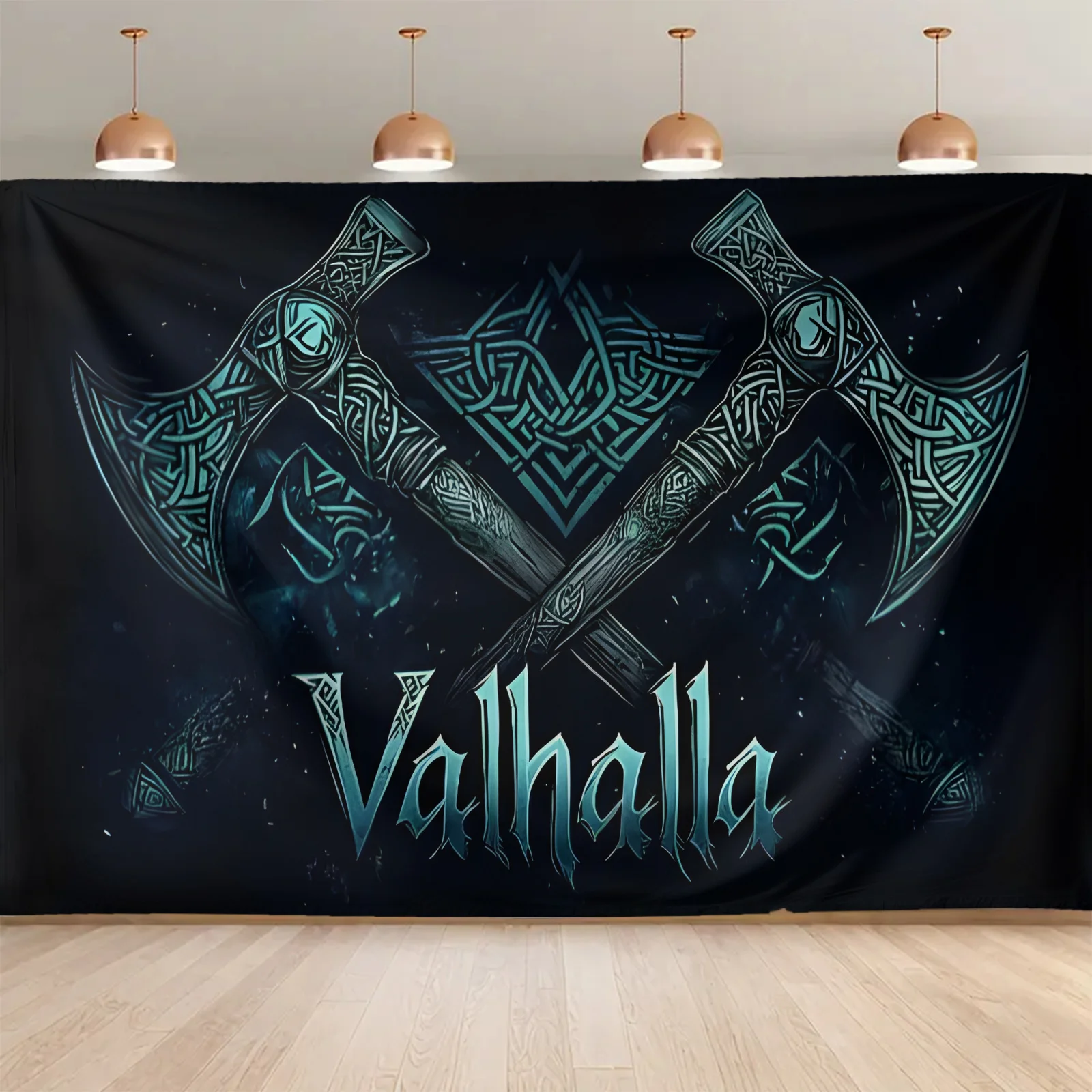 viking warrior tapestry norse mythology themed wall hanging dark background intricate designs great for gaming room or fantasy