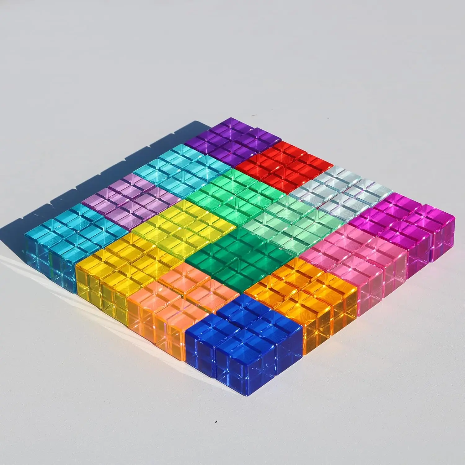 Rainbow Crystal Acrylic Cubes Children Learning Color Light Shadow Toy, Stacking Gem Blocks Sensory Building Blocks for Kids(64P