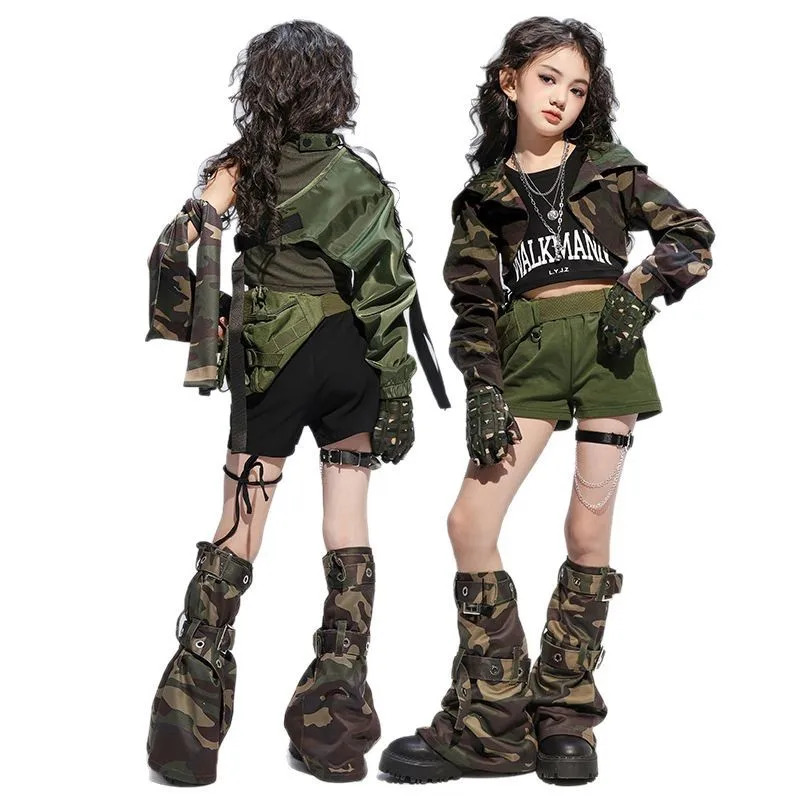 Mädchen Kpop Hip Hop Kleidung Camo Crop Top Hosen Jazz Dance Kostüm Grün Tank Top Shorts Street Dance Sets Bühne Tragen Kleidung
