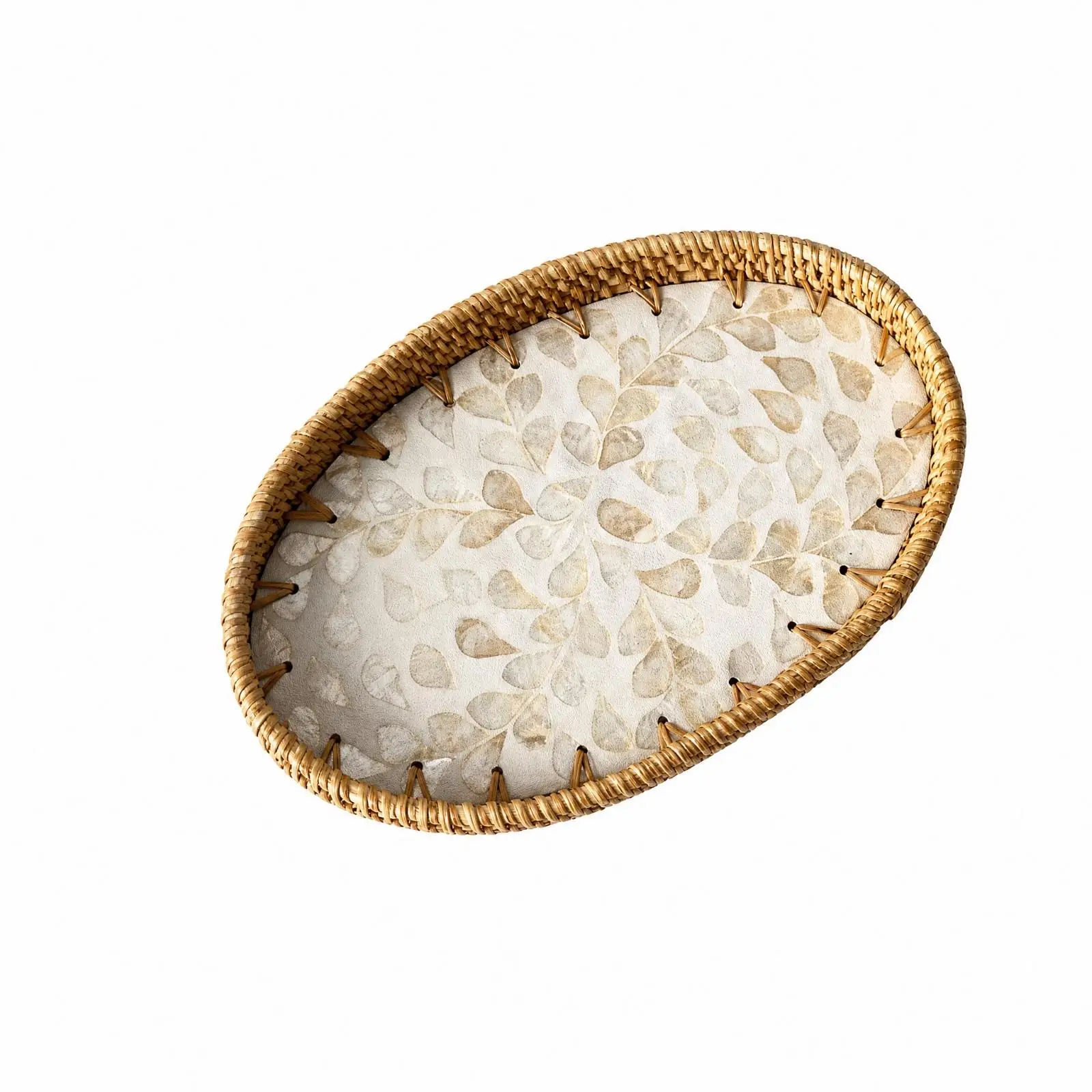 Elegant Rattan Storage Basket for Bread Fruit Cups with Visible Weave and Shell Inlay Decor