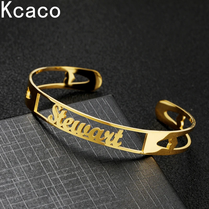 Kcaco Customized 6mm Width Gold Plated Name Heart Bracelet 190mm Length Adjustable Stainless Steel Letters Bangle Birthday Gift