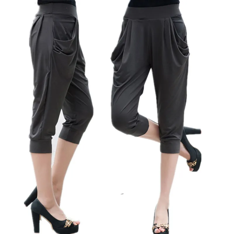 

Calf Length Pants Summer breeches Women Soft Silk Stretch Pants Plus Size Harem Trousers Capri Female