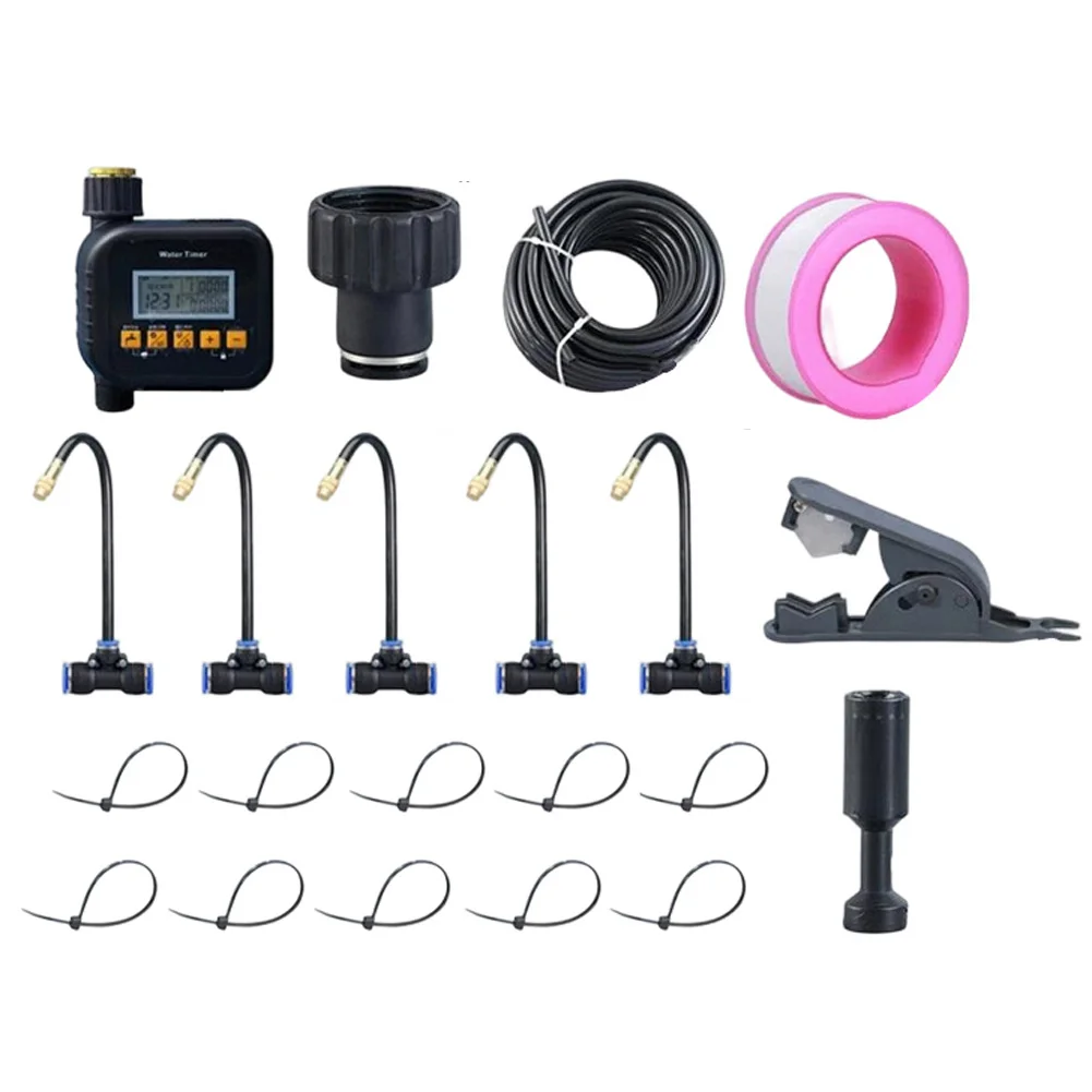 

1 комплект 360 ° Комплект автоматического полива растений с интегрированными насадками и таймером, длина шланга 5м, 10м